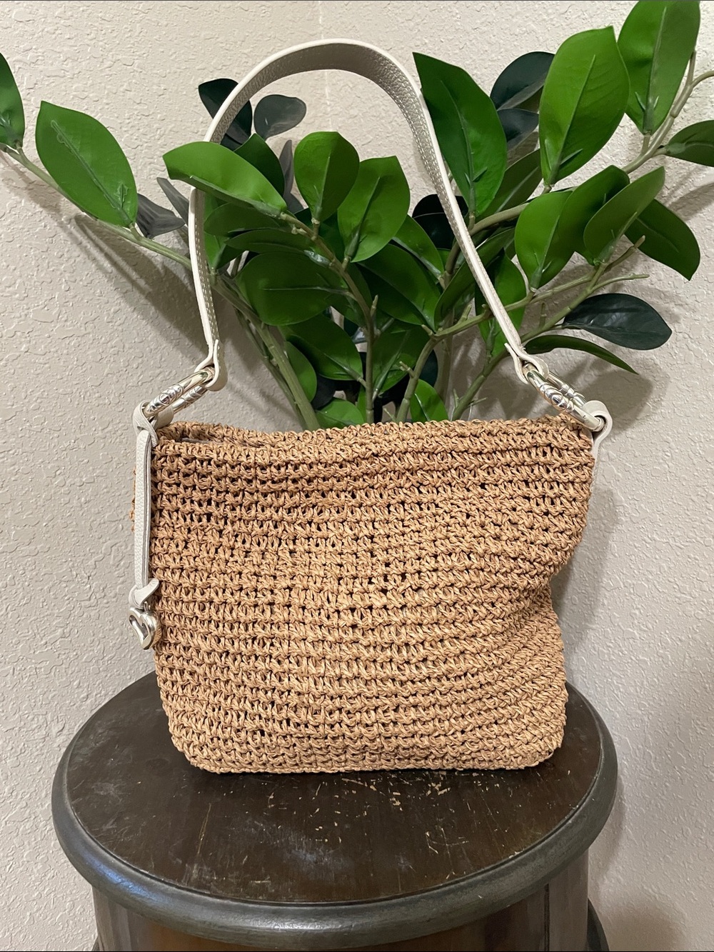Brighton Woven Straw Shoulder Bag with Cream Leather Trim